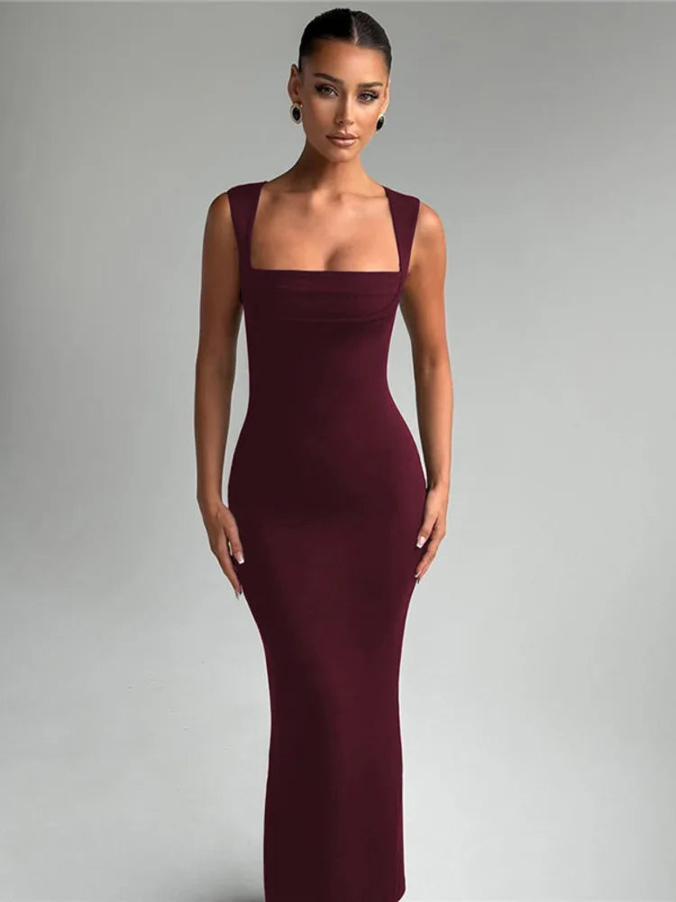 Rovioo Elegant Burgundy Square Neck Bodycon Maxi Dress