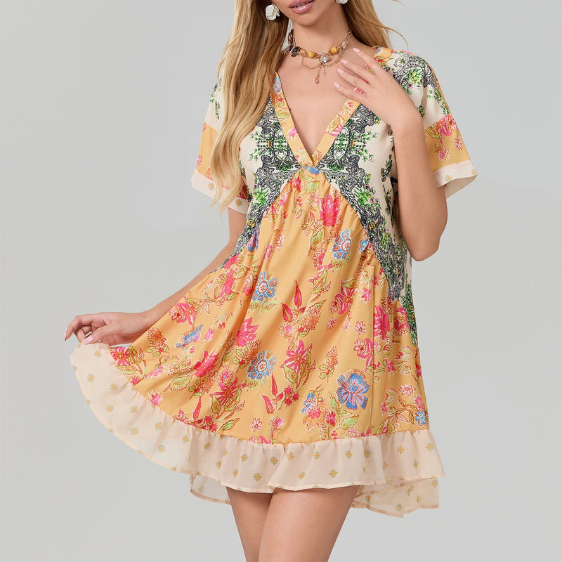 Rovioo Bohemian Floral Print Mini Dress