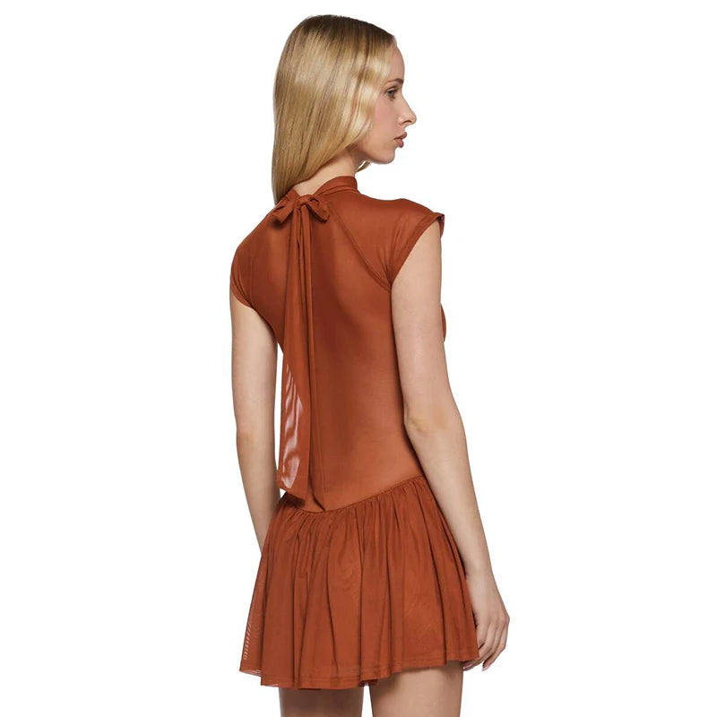 ROVIOO CUTENOVA Women'S Sexy Half High Neck Short Sleeve Chest Wear Rope Hollow Out Lace-Up Patchwork Mesh Yarn Pleated Short Dresses