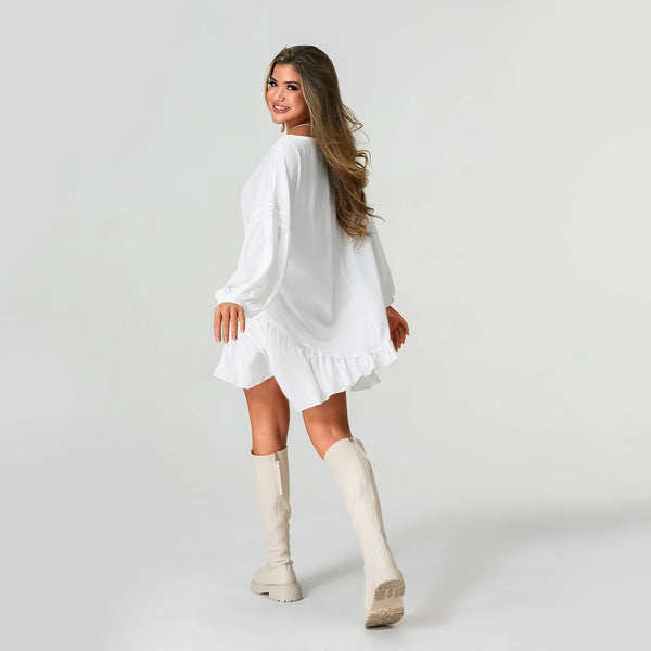 Rovioo White Asymmetric Ruffle Hem Dress with Balloon Sleeves