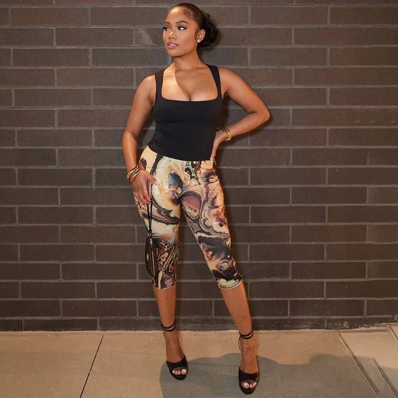 ROVIOO CUTENOVA Women'S Sexy Skinny Abstract Pattern Printed Elastic High Waisted Hip Wrap Elastic Seven Points Casual Sporty Pants