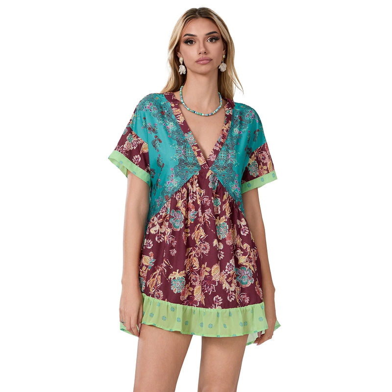 Rovioo Bohemian Floral Print Mini Dress