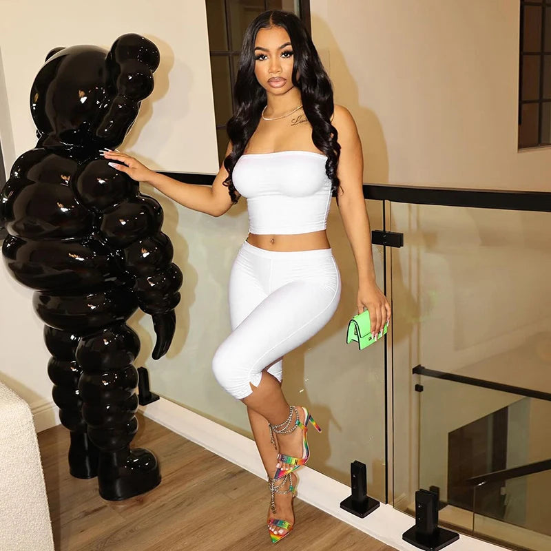 ROVIOO  CUTENOVA Women Spring Summer Solid Color Strapless Set Of Pullover Crop Tank Top + Elastic Waist Open Seven Pants Causal Sets