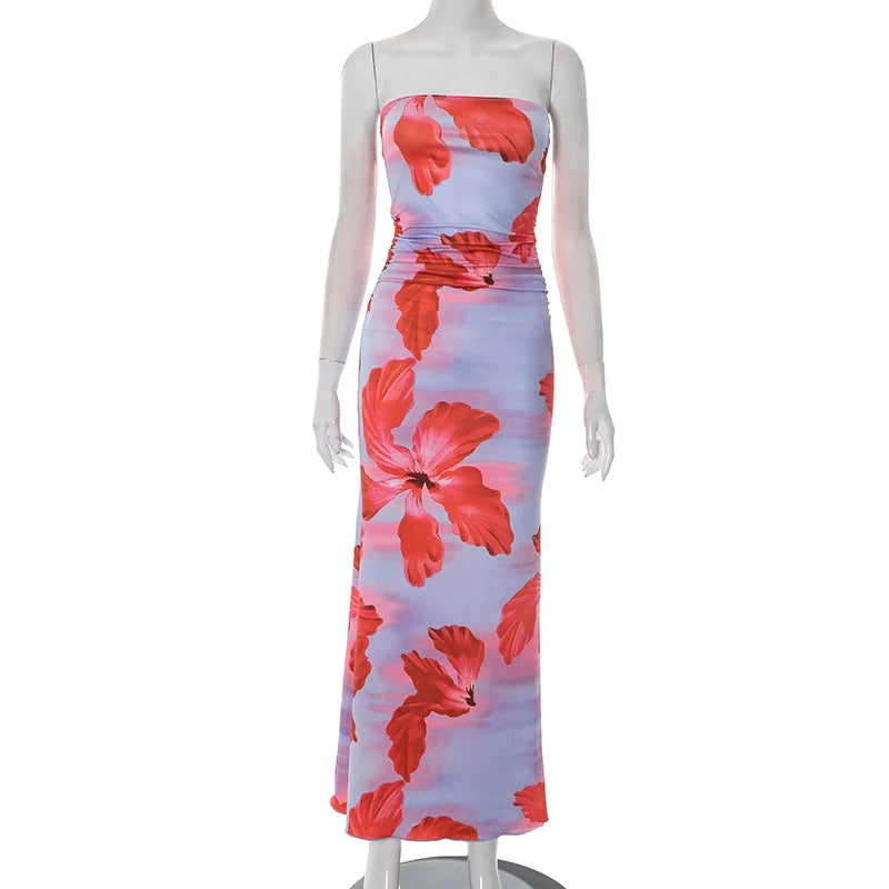 ROVIOO CUTENOVA - Tropical Floral Strapless Maxi Dress