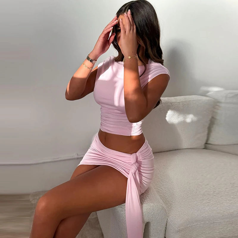 ROVIOO CUTENOVA Solid Color Pleated Backless Sexy Twopiece Set