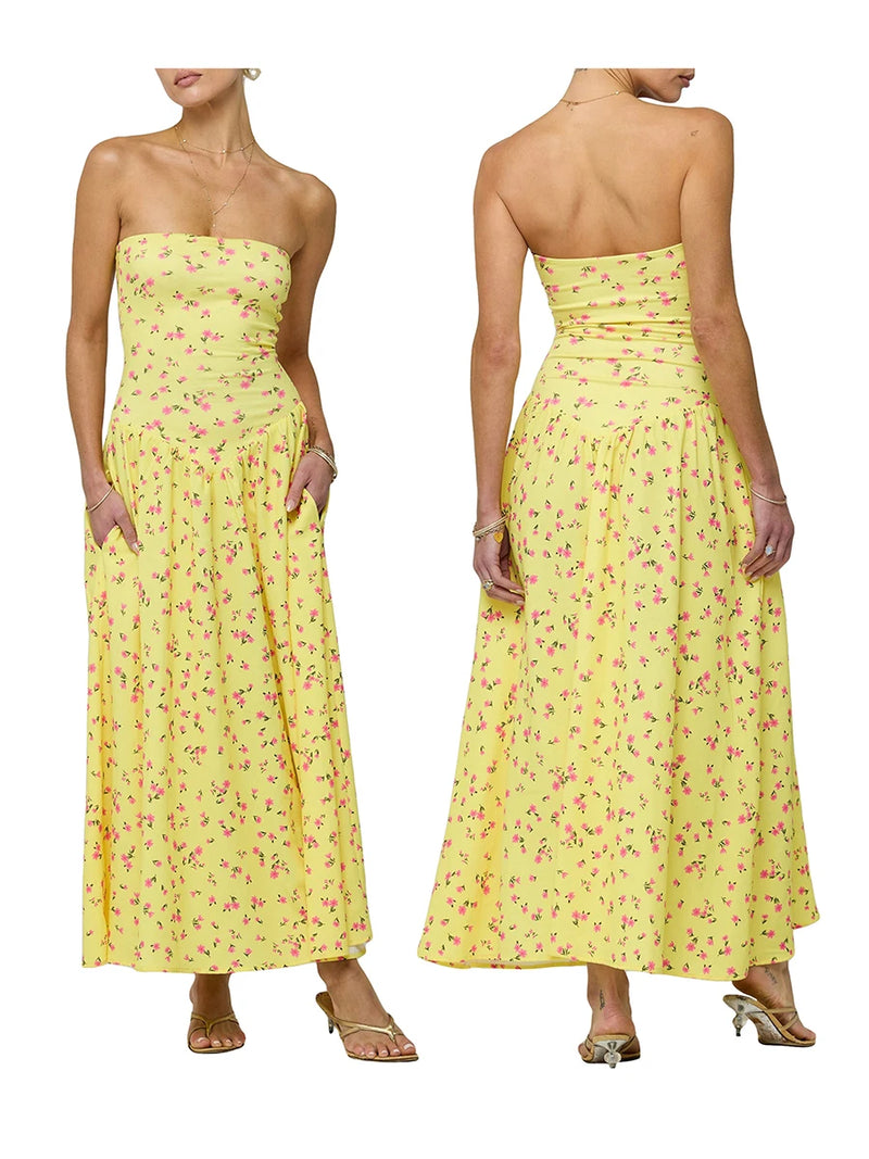 Rovioo Floral Strapless Maxi Dress