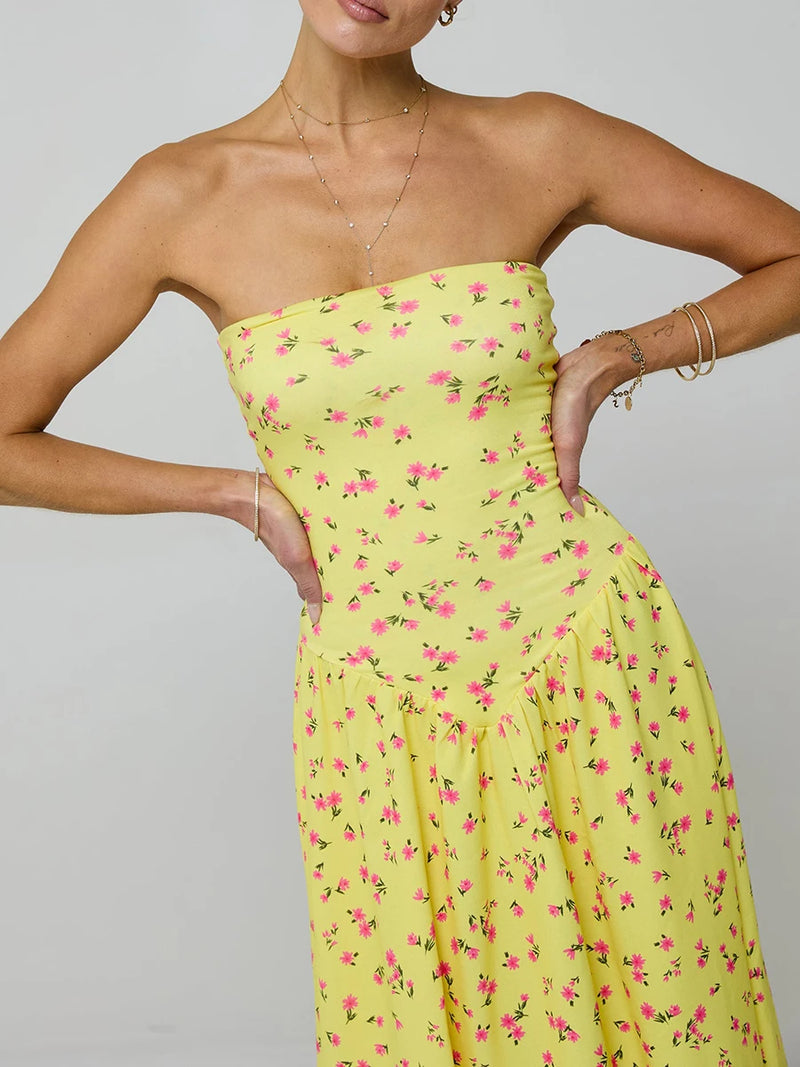 Rovioo Floral Strapless Maxi Dress