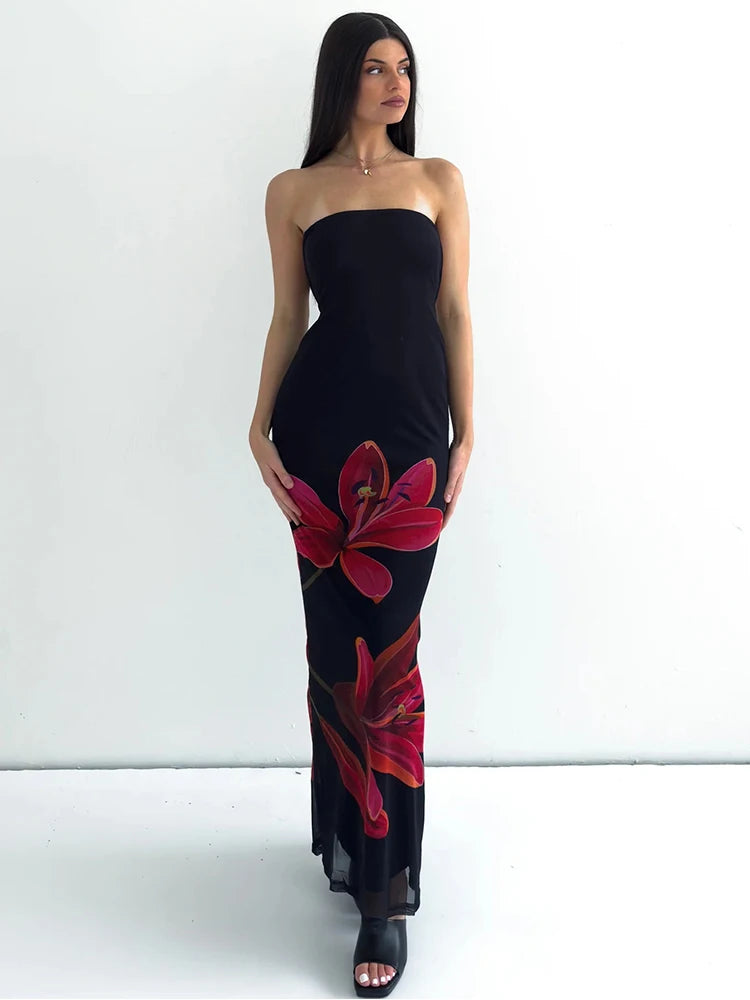 Rovioo Dulzura - Elegant Floral Strapless Maxi Dress