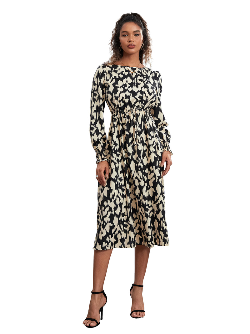Rovioo Abstract Print Tie-Waist Midi Dress