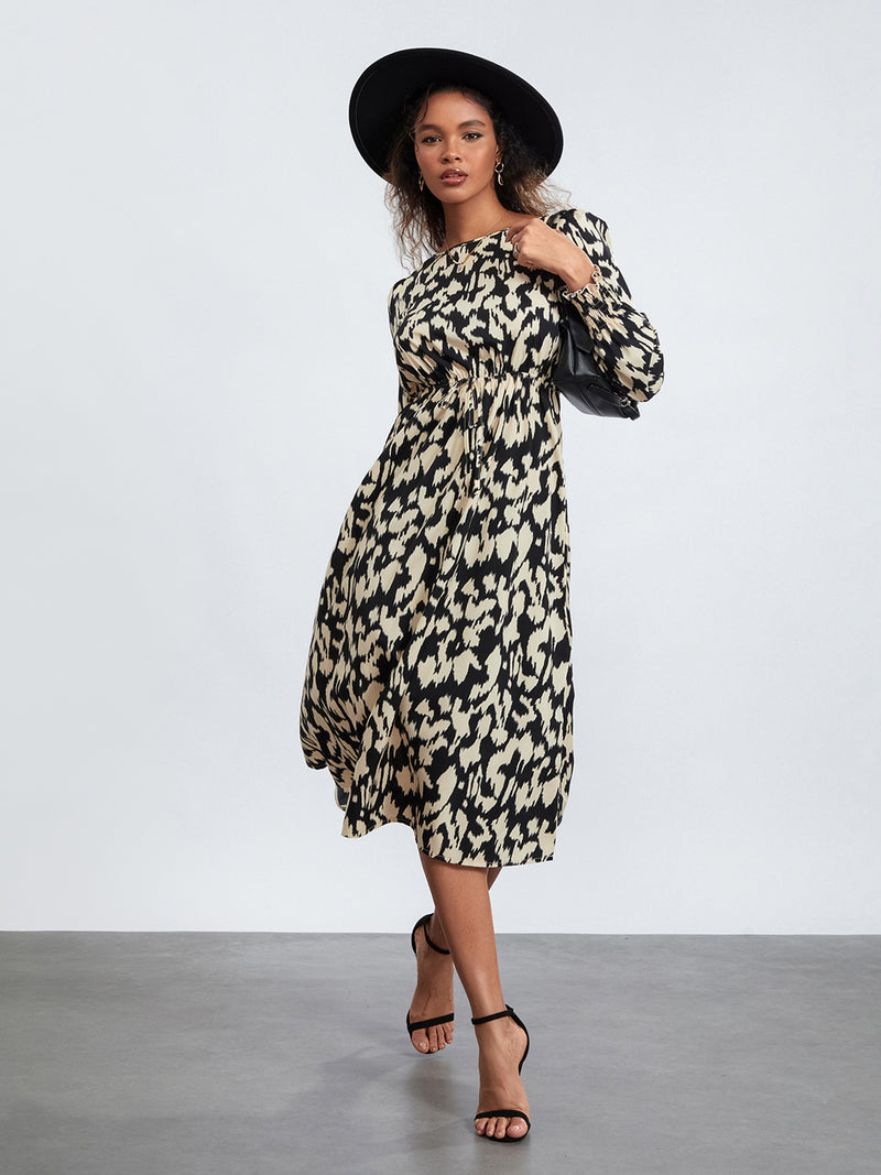 Rovioo Abstract Print Tie-Waist Midi Dress