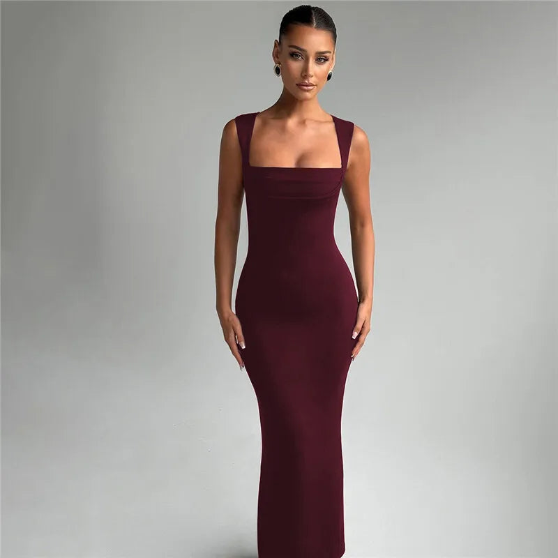 Rovioo Elegant Burgundy Square Neck Bodycon Maxi Dress