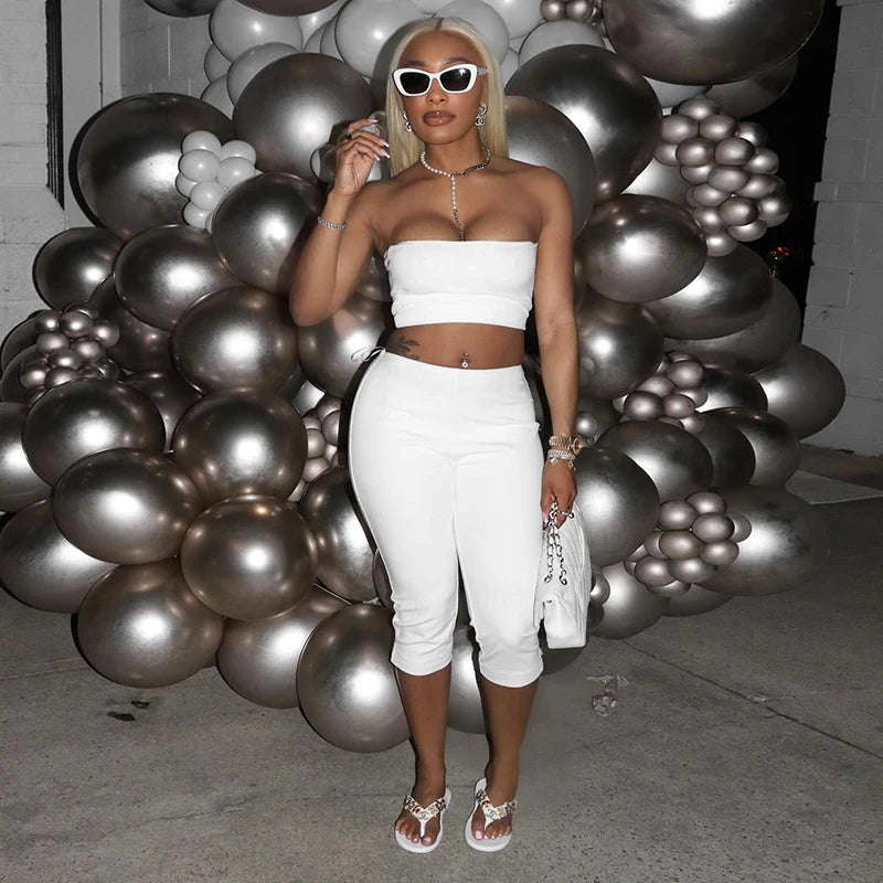 ROVIOO  CUTENOVA Women Spring Summer Solid Color Strapless Set Of Pullover Crop Tank Top + Elastic Waist Open Seven Pants Causal Sets