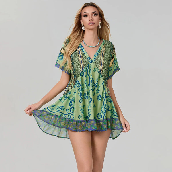 Rovioo Bohemian Floral Print Mini Dress