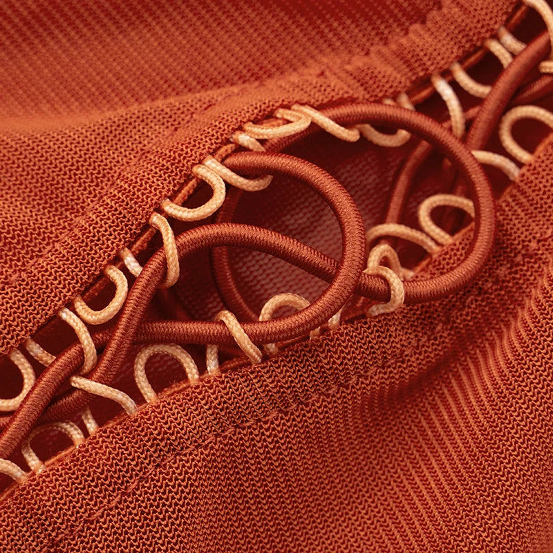 ROVIOO CUTENOVA Women'S Sexy Half High Neck Short Sleeve Chest Wear Rope Hollow Out Lace-Up Patchwork Mesh Yarn Pleated Short Dresses