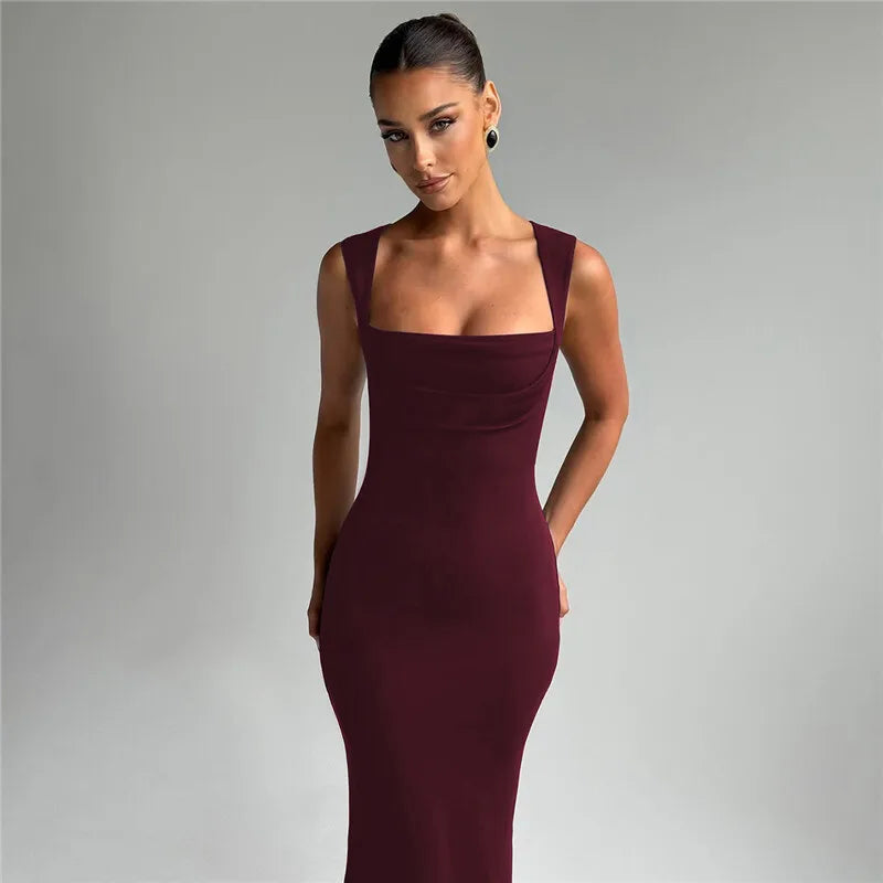 Rovioo Elegant Burgundy Square Neck Bodycon Maxi Dress