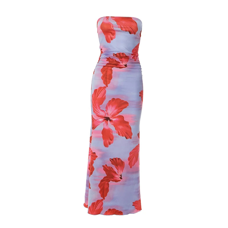 ROVIOO CUTENOVA - Tropical Floral Strapless Maxi Dress