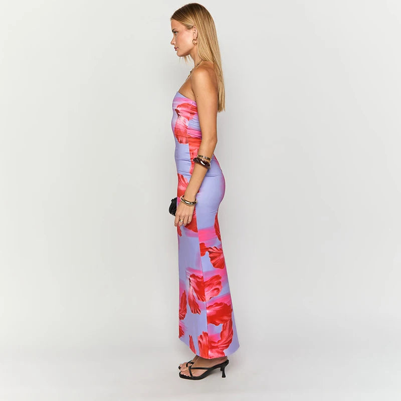 ROVIOO CUTENOVA - Tropical Floral Strapless Maxi Dress