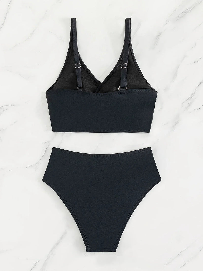 Rovioo Black V-Neck Bikini Set