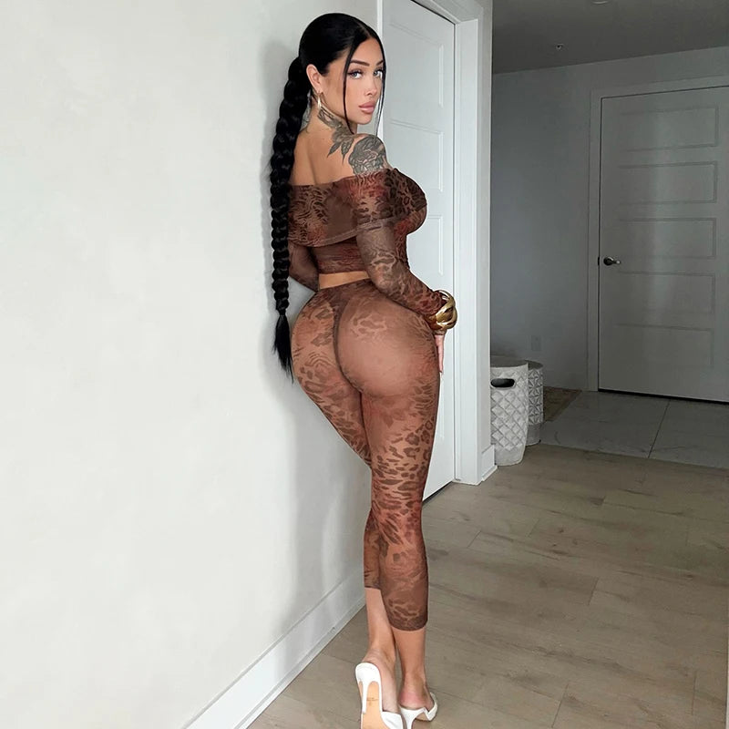 Rovioo CUTENOVA Women’s Floral Leopard Mesh Two-Piece Set