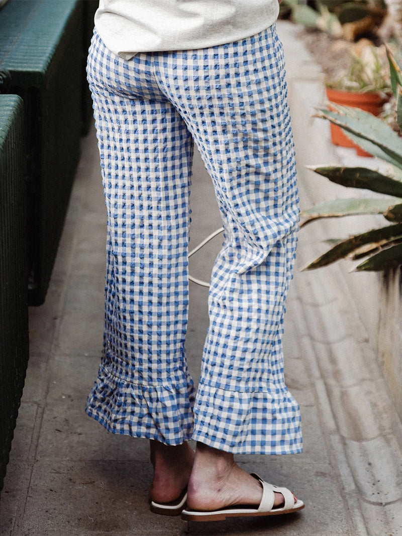 Pink Gingham Flare Pants with Ruffle Hem