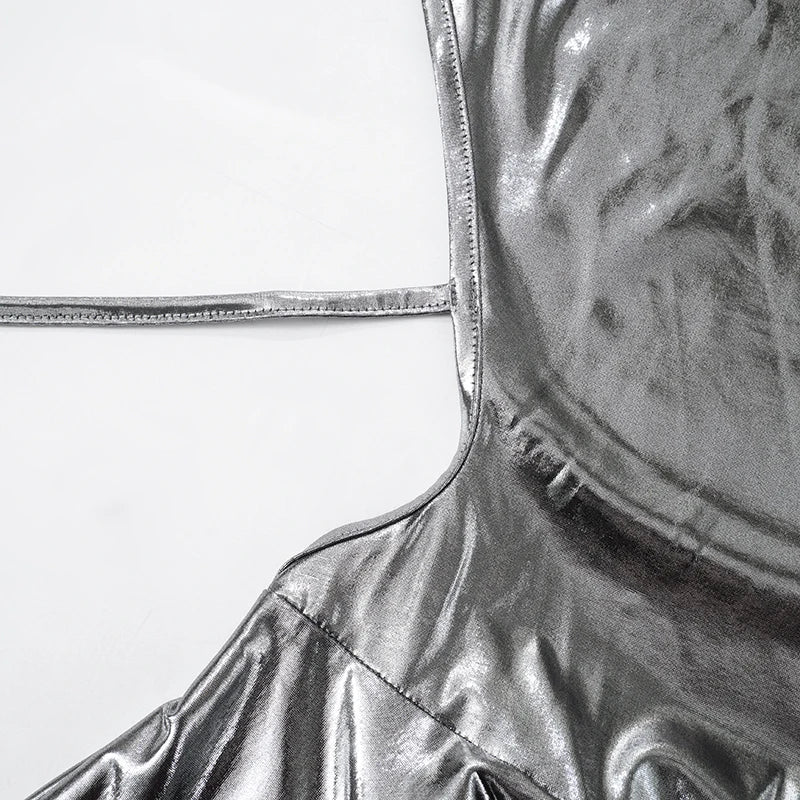 ROVIOO CUTENOVA Metallic Silver Halter Mini Dress