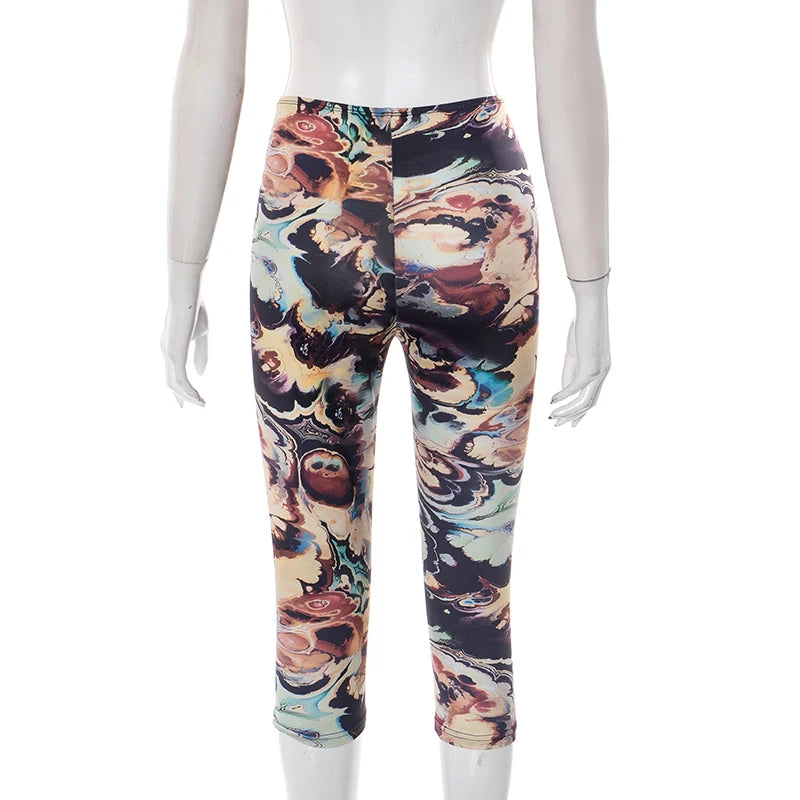 ROVIOO CUTENOVA Women'S Sexy Skinny Abstract Pattern Printed Elastic High Waisted Hip Wrap Elastic Seven Points Casual Sporty Pants