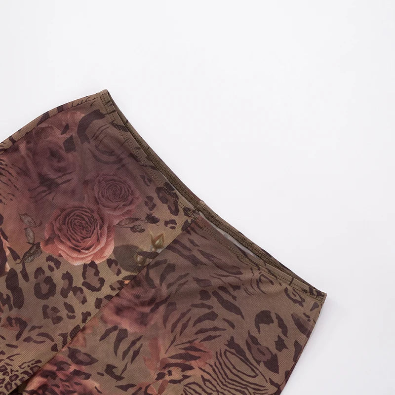 Rovioo CUTENOVA Women’s Floral Leopard Mesh Two-Piece Set