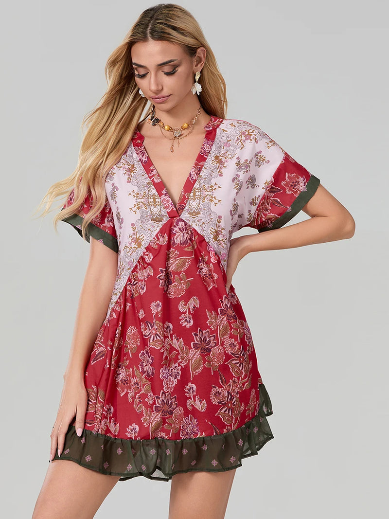 Rovioo Bohemian Floral Print Mini Dress