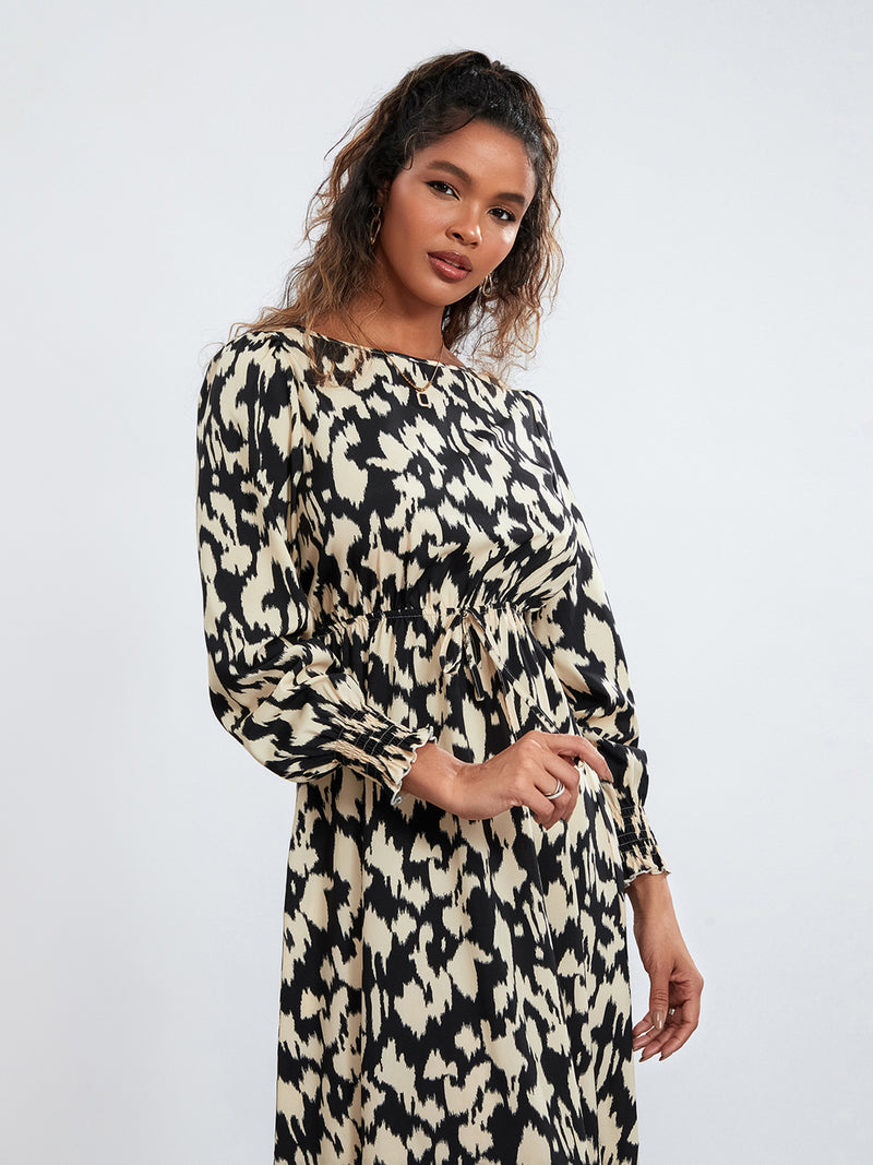 Rovioo Abstract Print Tie-Waist Midi Dress