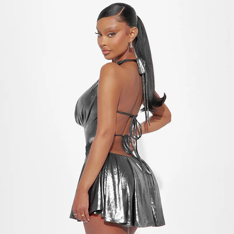 ROVIOO CUTENOVA Metallic Silver Halter Mini Dress