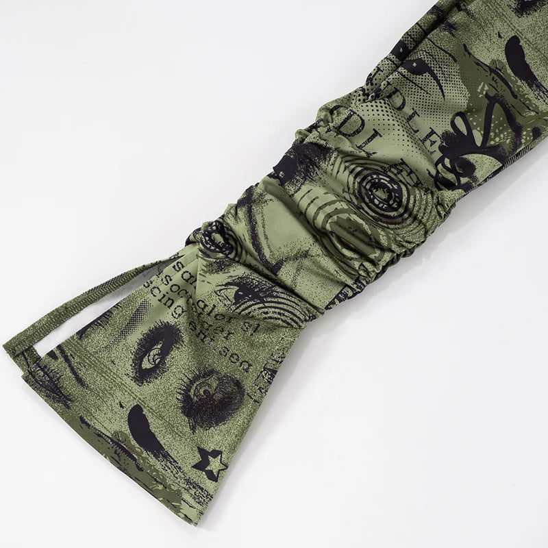 ROVIOO CUTENOVA Women'S Sexy Skinny Slit Abstract Letter Printed High Waist Stretchy Small Leg Split Shrinking Pleated Hem Casual Pants