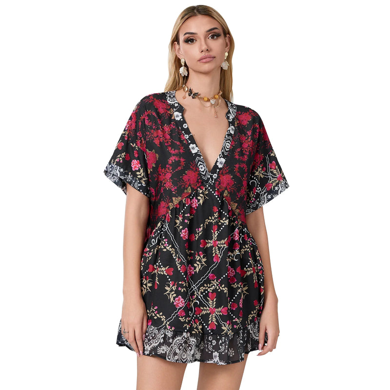 Rovioo Bohemian Floral Print Mini Dress