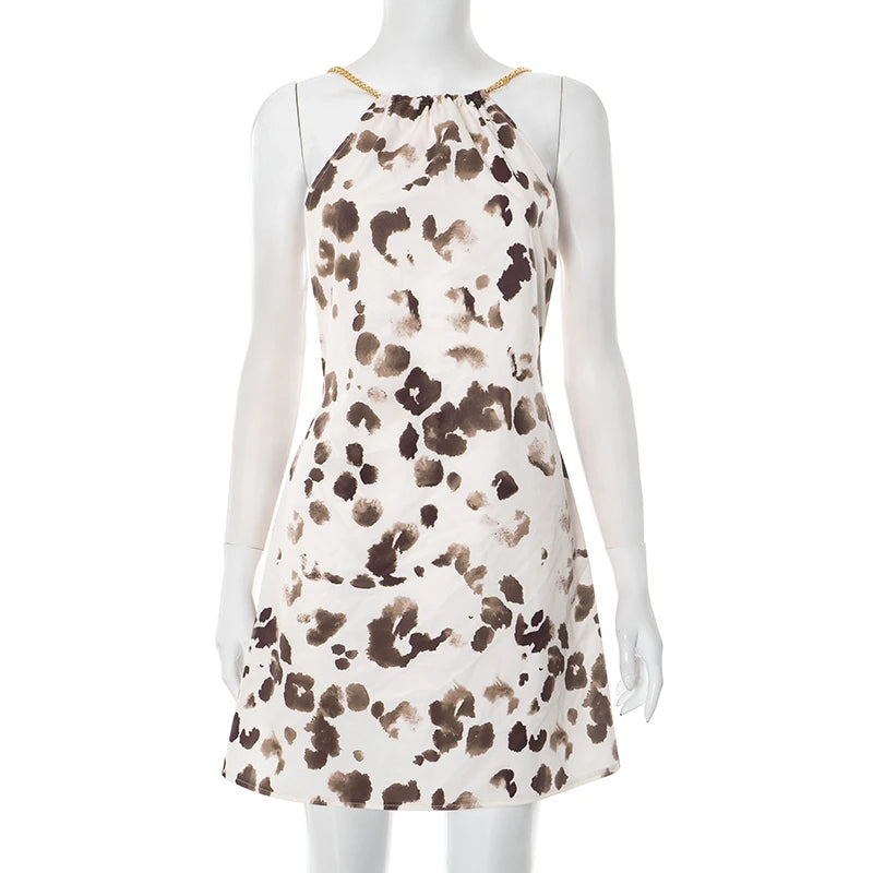 ROVIOO CUTENOVA Cow Print Halter Neck Mini Dress