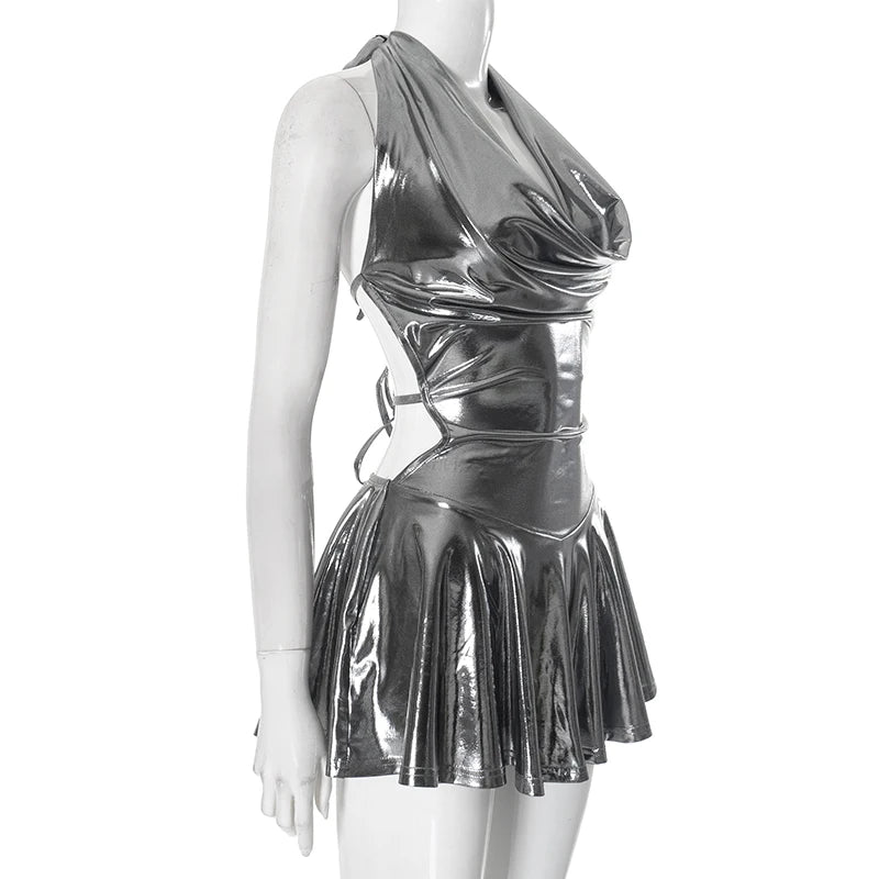 ROVIOO CUTENOVA Metallic Silver Halter Mini Dress