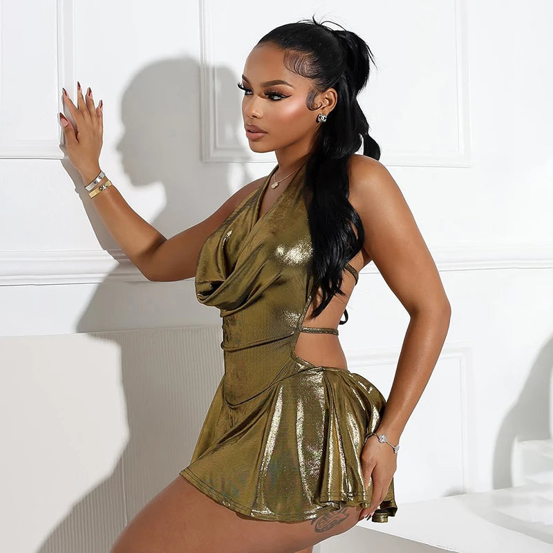 ROVIOO CUTENOVA Metallic Silver Halter Mini Dress