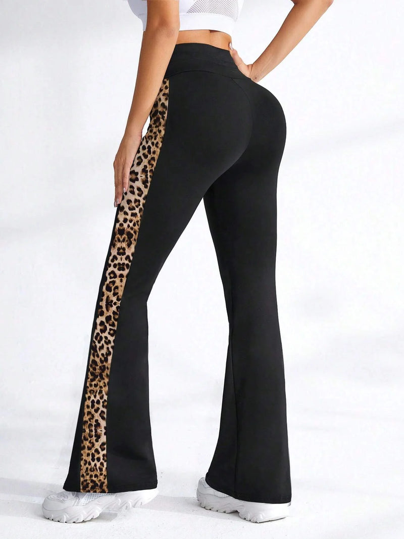 Rovioo High-Waist Flare Leggings with Leopard Side Panels