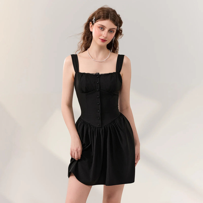 Rovioo Black Linen Button-Front Mini Dress