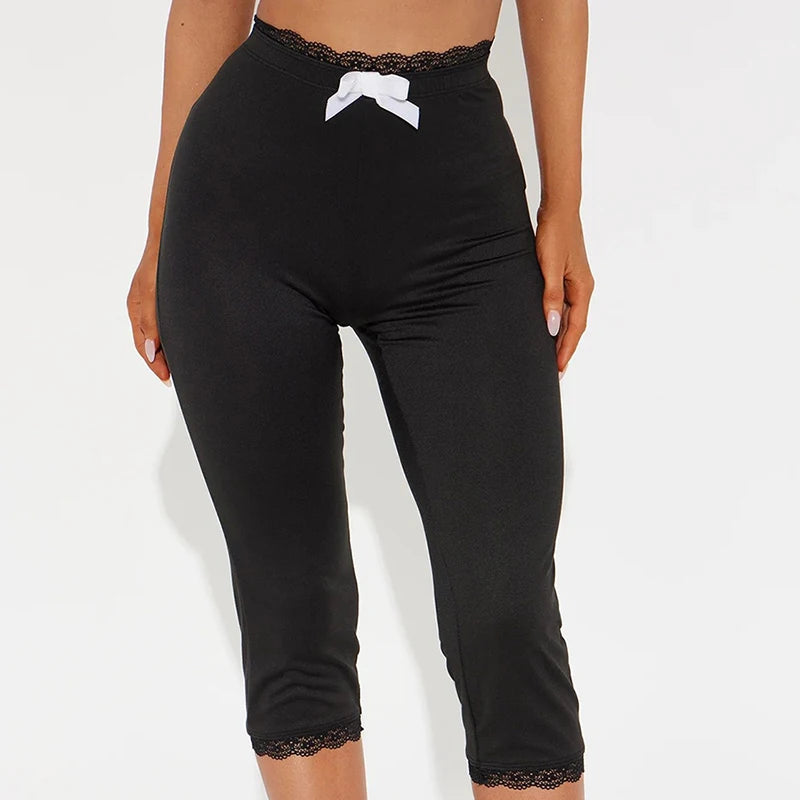 ROVIOO CUTENOVA Sexy Hottie Lace Edge Bow Decoration Leopard Print Slim Seven Pants Summer New Women'S Fashion Street Casual Seven Pant