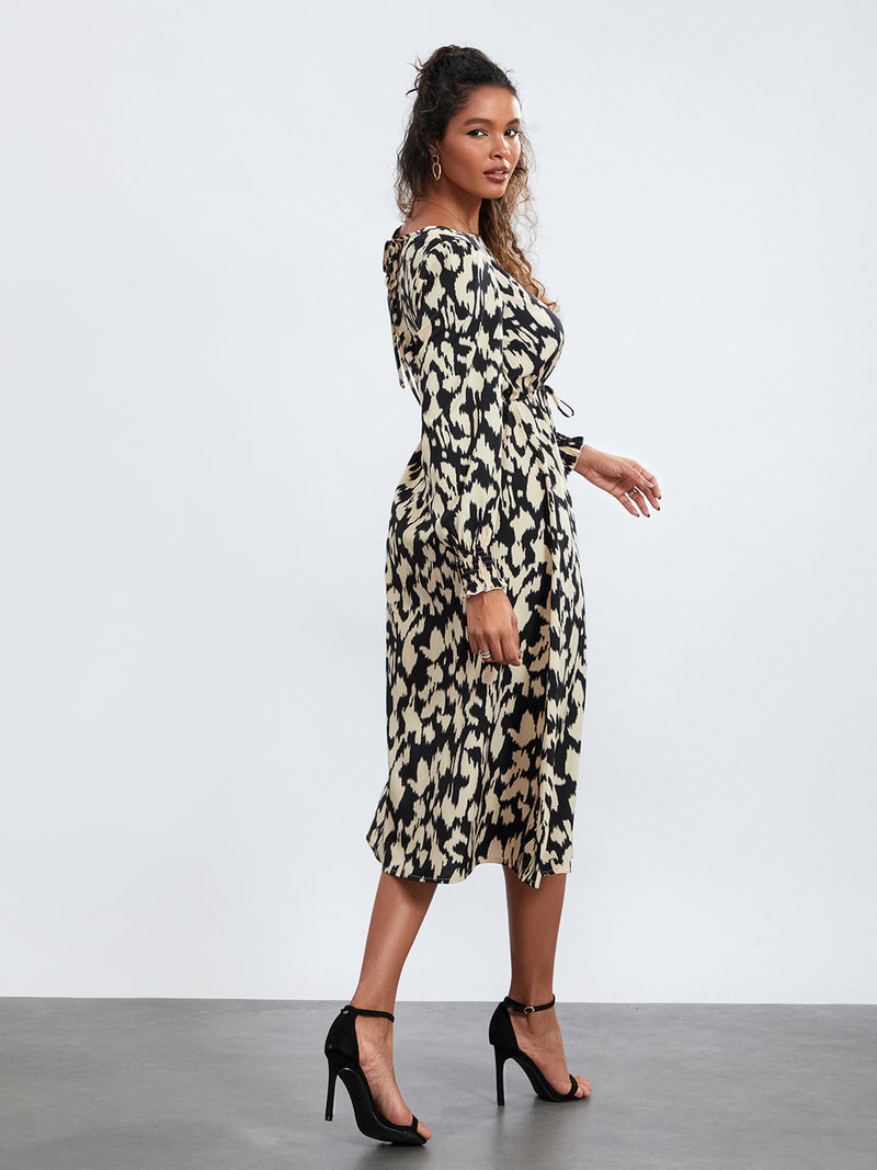 Rovioo Abstract Print Tie-Waist Midi Dress