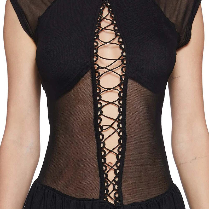 ROVIOO CUTENOVA Women'S Sexy Half High Neck Short Sleeve Chest Wear Rope Hollow Out Lace-Up Patchwork Mesh Yarn Pleated Short Dresses