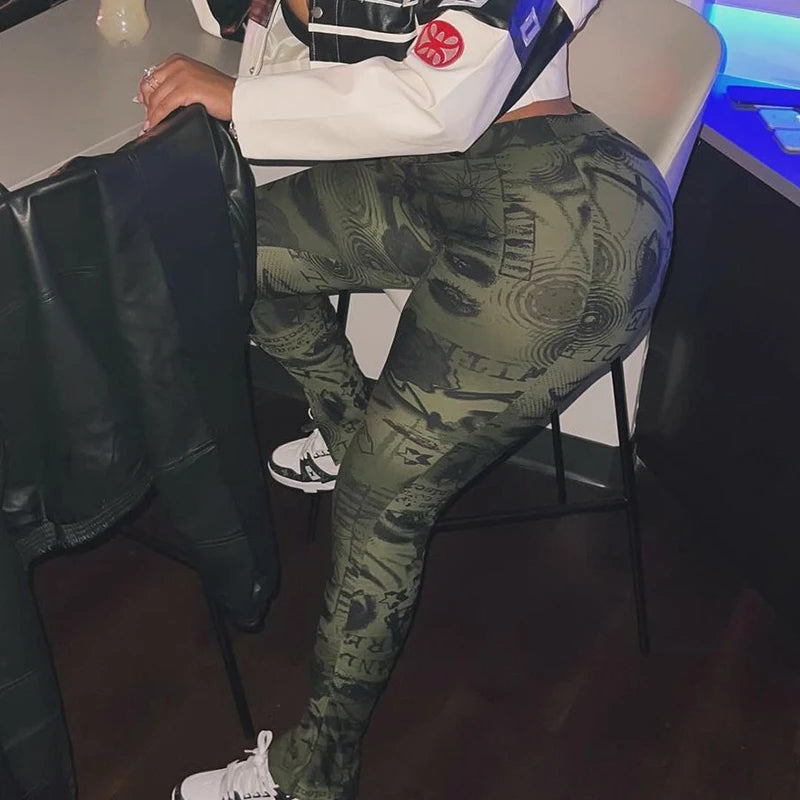 ROVIOO CUTENOVA Women'S Sexy Skinny Slit Abstract Letter Printed High Waist Stretchy Small Leg Split Shrinking Pleated Hem Casual Pants