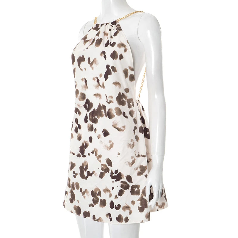 ROVIOO CUTENOVA Cow Print Halter Neck Mini Dress