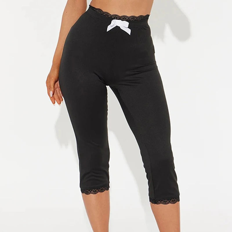 ROVIOO CUTENOVA Sexy Hottie Lace Edge Bow Decoration Leopard Print Slim Seven Pants Summer New Women'S Fashion Street Casual Seven Pant