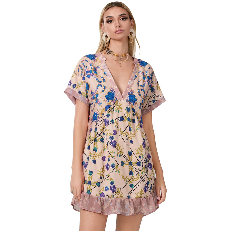 Rovioo Bohemian Floral Print Mini Dress