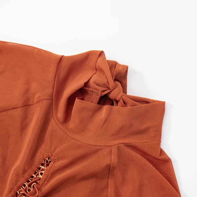 ROVIOO CUTENOVA Women'S Sexy Half High Neck Short Sleeve Chest Wear Rope Hollow Out Lace-Up Patchwork Mesh Yarn Pleated Short Dresses