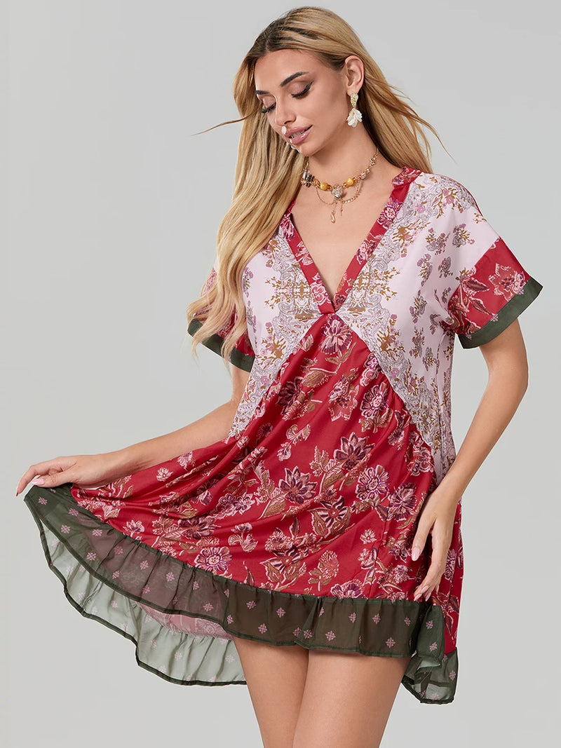 Rovioo Bohemian Floral Print Mini Dress