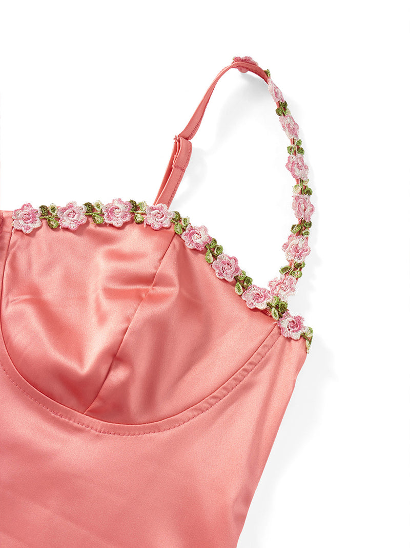 Rovioo Satin Mini Dress with 3D Floral Embellished Straps
