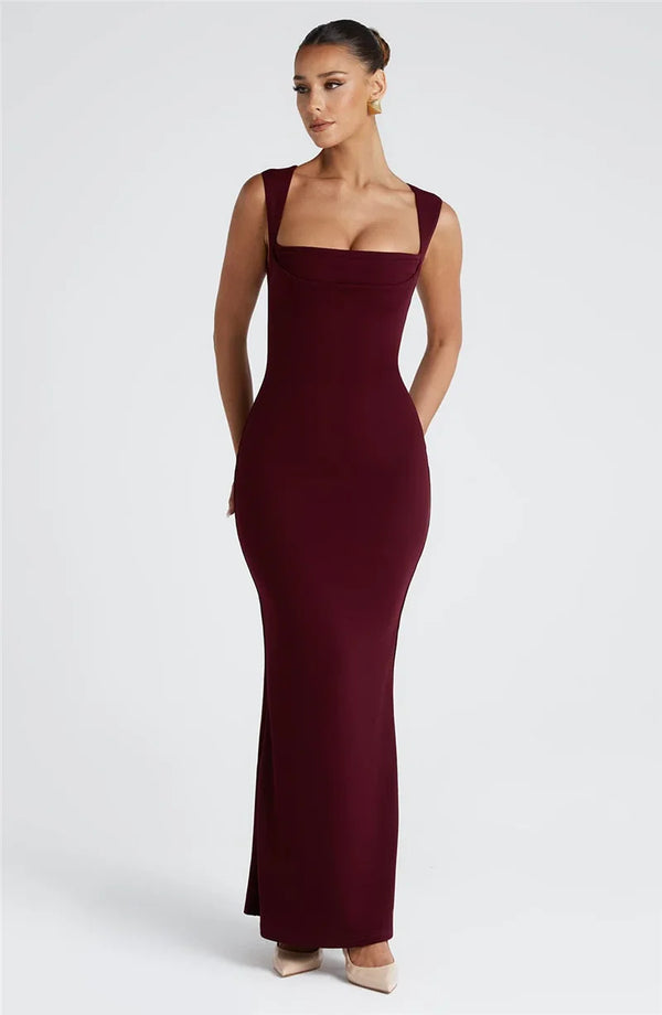 Rovioo Elegant Burgundy Square Neck Bodycon Maxi Dress
