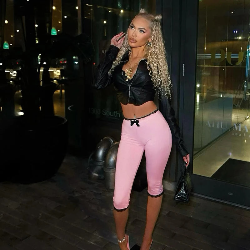 ROVIOO CUTENOVA Sexy Hottie Lace Edge Bow Decoration Leopard Print Slim Seven Pants Summer New Women'S Fashion Street Casual Seven Pant