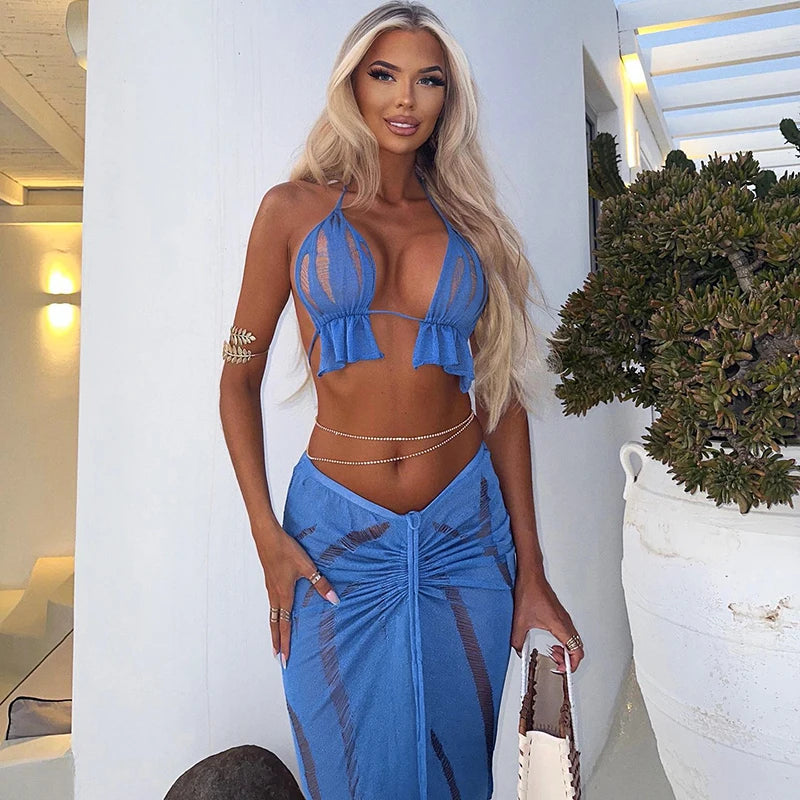 ROVIOO CUTENOVA 2024 Summer Women'S Sexy Hollow Mesh Beah Backless Tops Drawstring Long Skirts Elegant Sexy Party Dresses Club Outfits